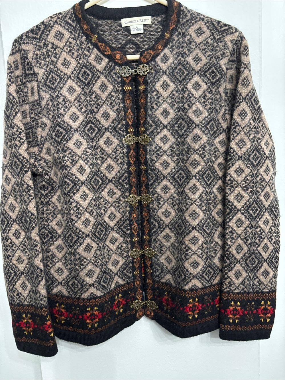 Women Brown Patterned Wool Sweater Cardigan Metal Clasp Closure Size Large